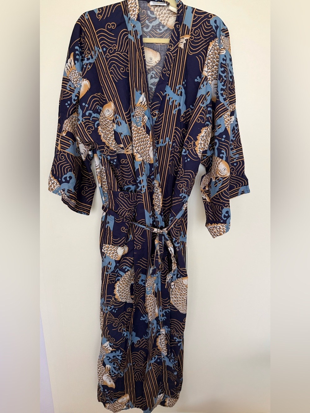 Vintage Smithsonian Institution Japanese Kimono Koi Fish Waves Cotton Long Robe